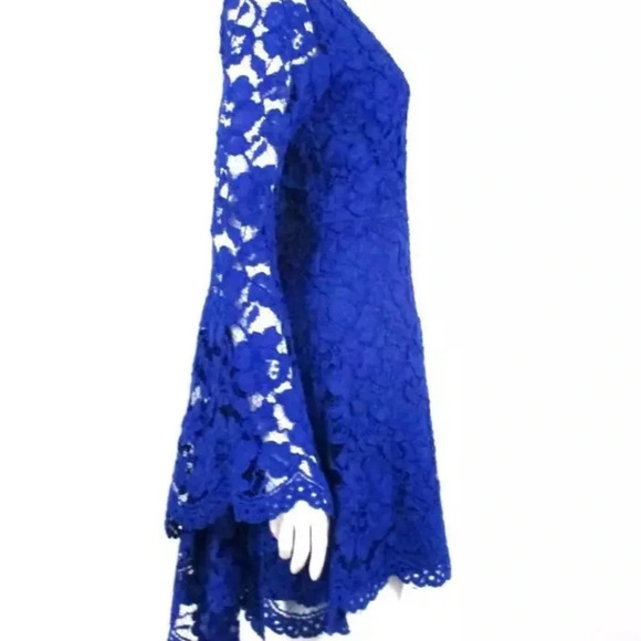ALEXIS BLUE LACE ELONGATED BELL SLEEVE A-LINE MINI DRESS SZ.S - Picture 3 of 10